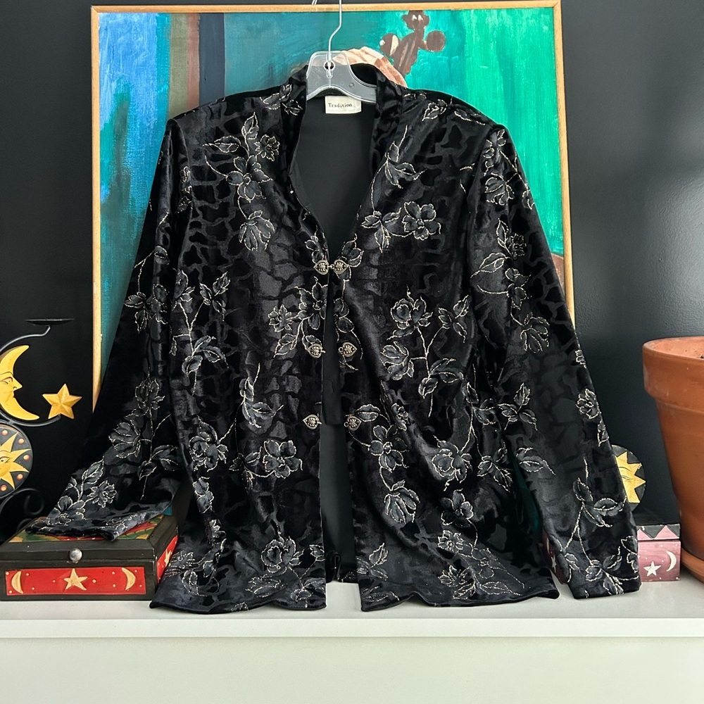 Vintage 90s Tradition black Velvet Jacket Floral Gold Sparkle Asian Cocktail 14